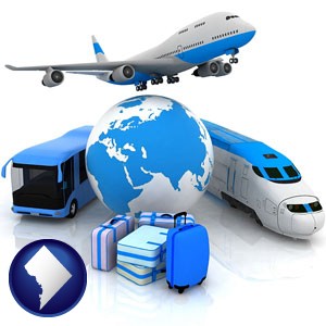 air, bus, and rail transportation services - with Washington, DC icon